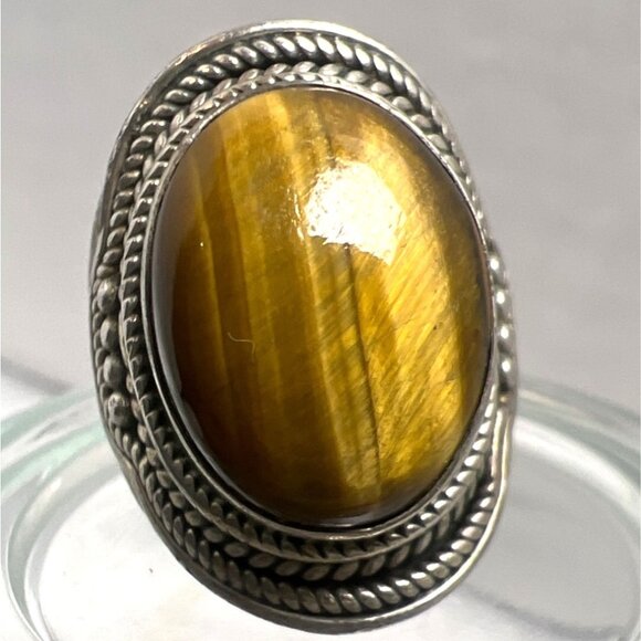 Vintage Sterling Silver Ring Tiger Eye Cabochon Ornate Detailing Boho Statement - Picture 1 of 9
